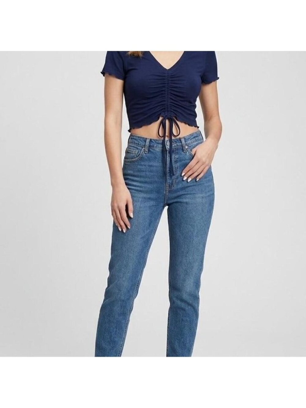 Navy blue ruched tie front crop top